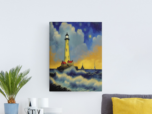 AI Inspired Vincent Van Gogh Premium Stretched Canvas Wall Art: The Lighthouse Glow