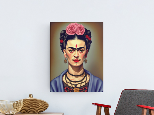 AI Inspired Frida Kahlo Premium Stretched Canvas Wall Art: Self Portrait with Black Necklace