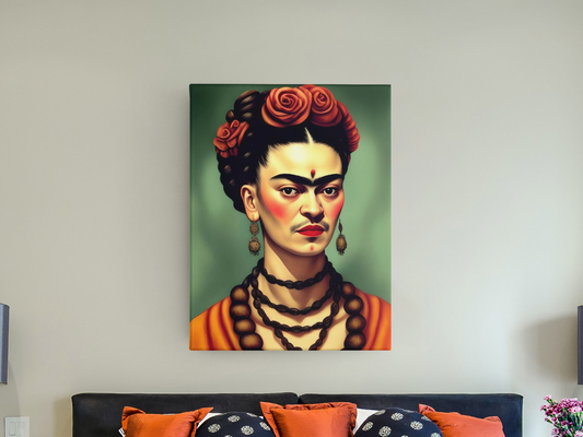 AI Inspired Frida Kahlo Premium Stretched Canvas Wall Art: Self Portrait with Brown Necklace
