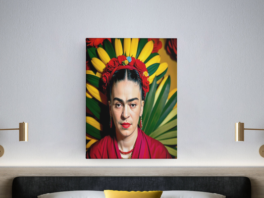 AI Inspired Frida Kahlo Premium Stretched Canvas Wall Art: Self Portrait with Green and Yellow Flowers